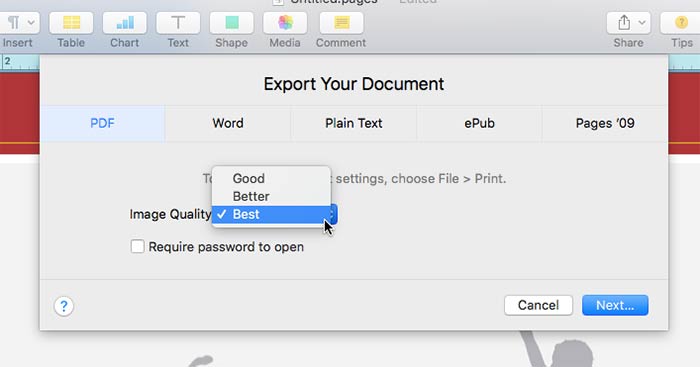 Choose Best for Image Quality on PDF Export