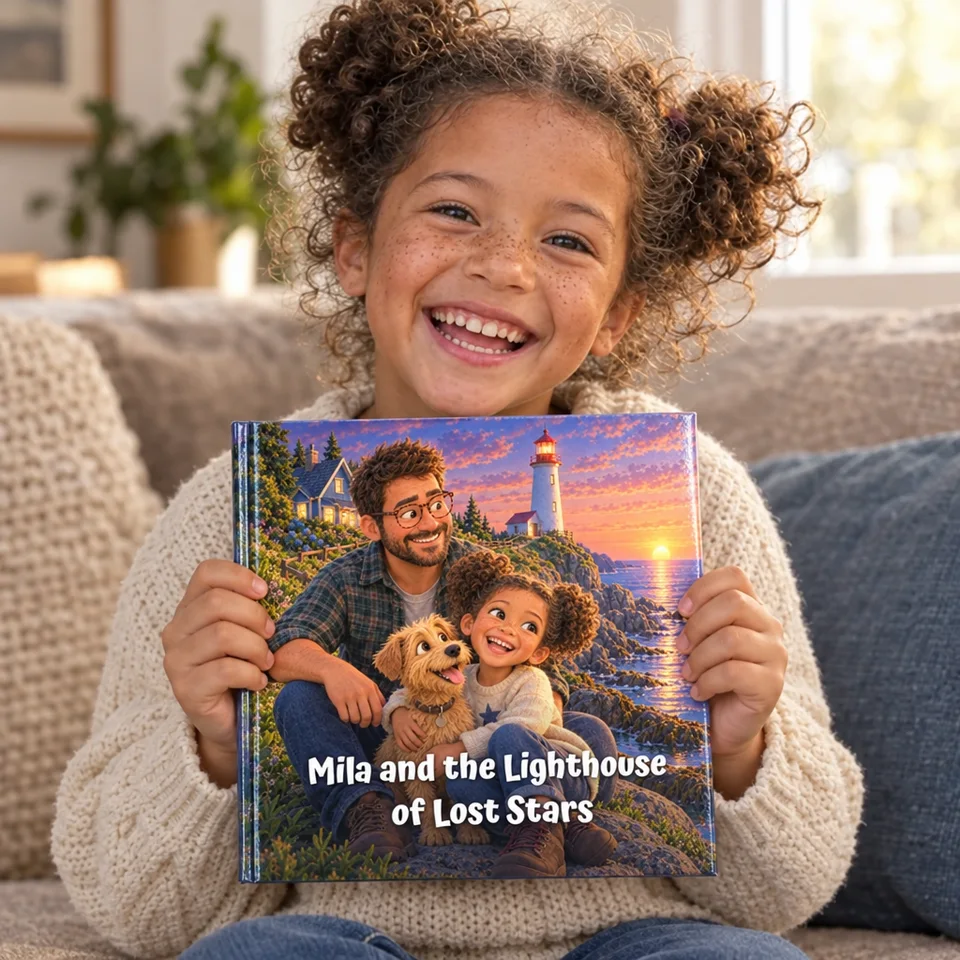 Mila holding her printed storybook, Mila and the Lighthouse of Lost Stars