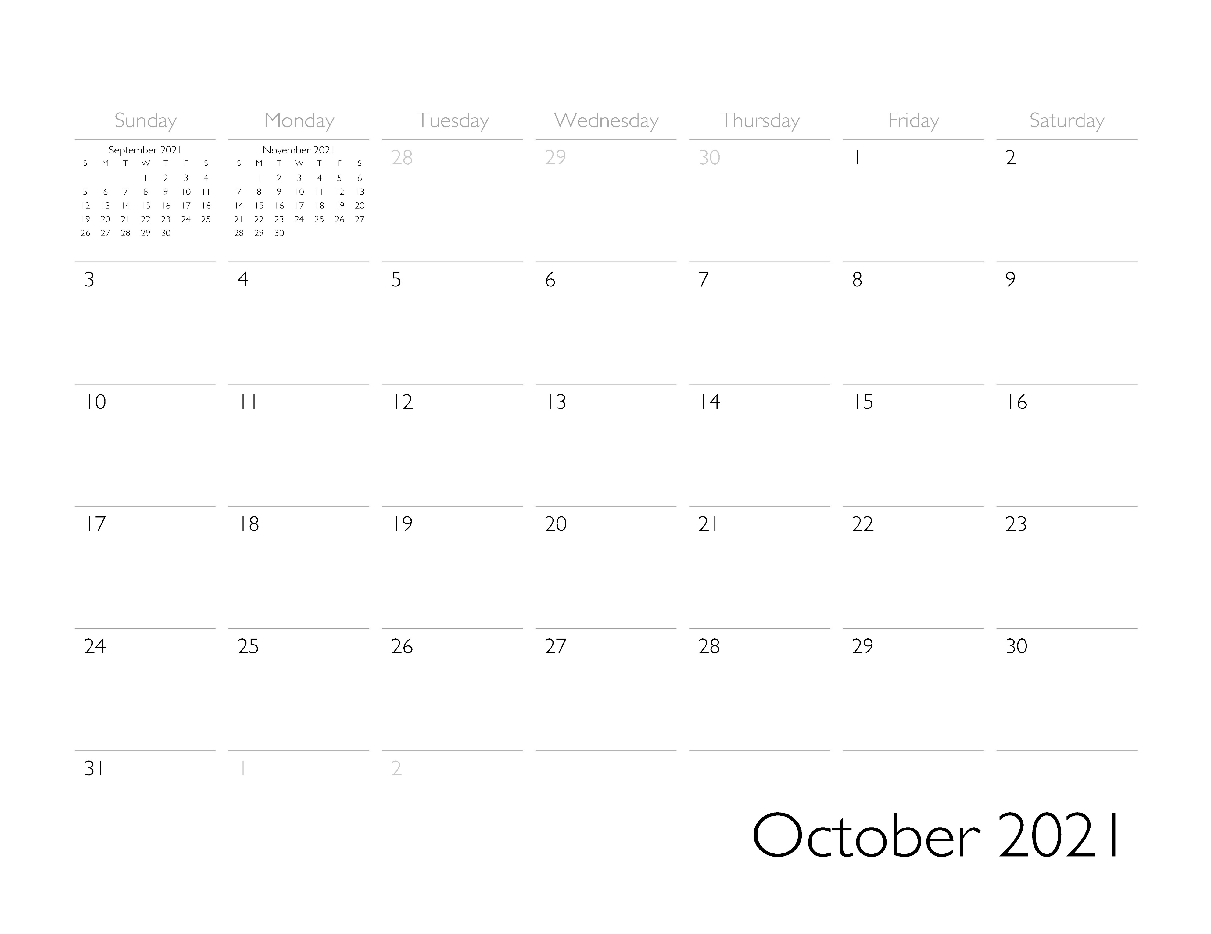 October 2021 Calendar Page