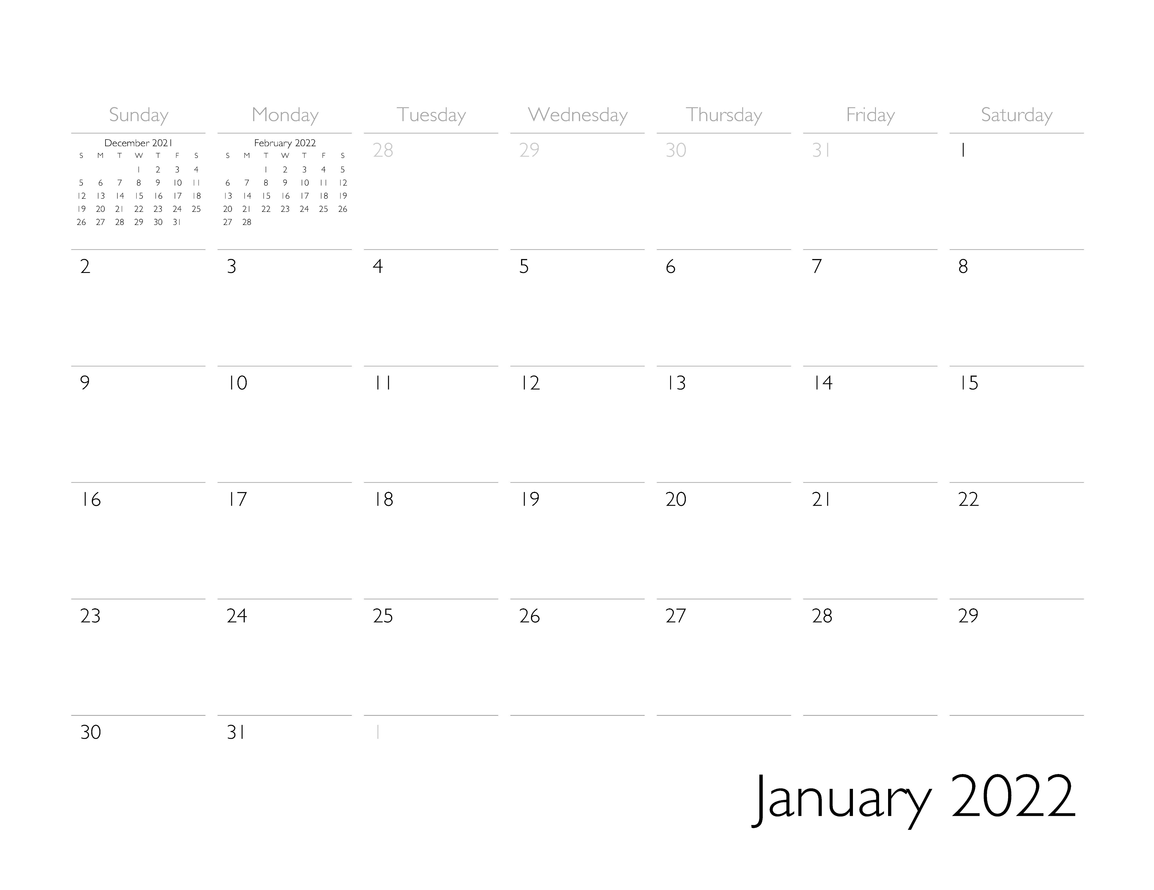 January 2022 Calendar Page