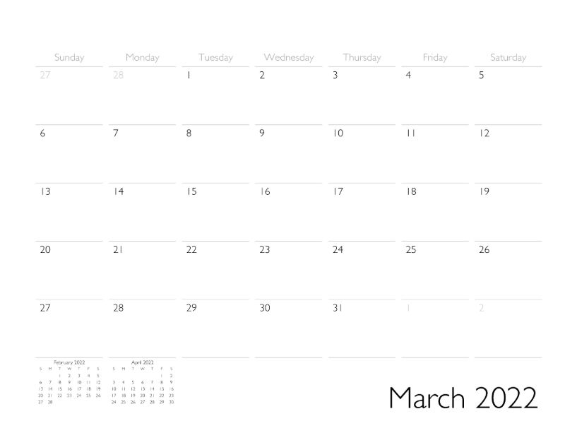 March 2022 Calendar Page