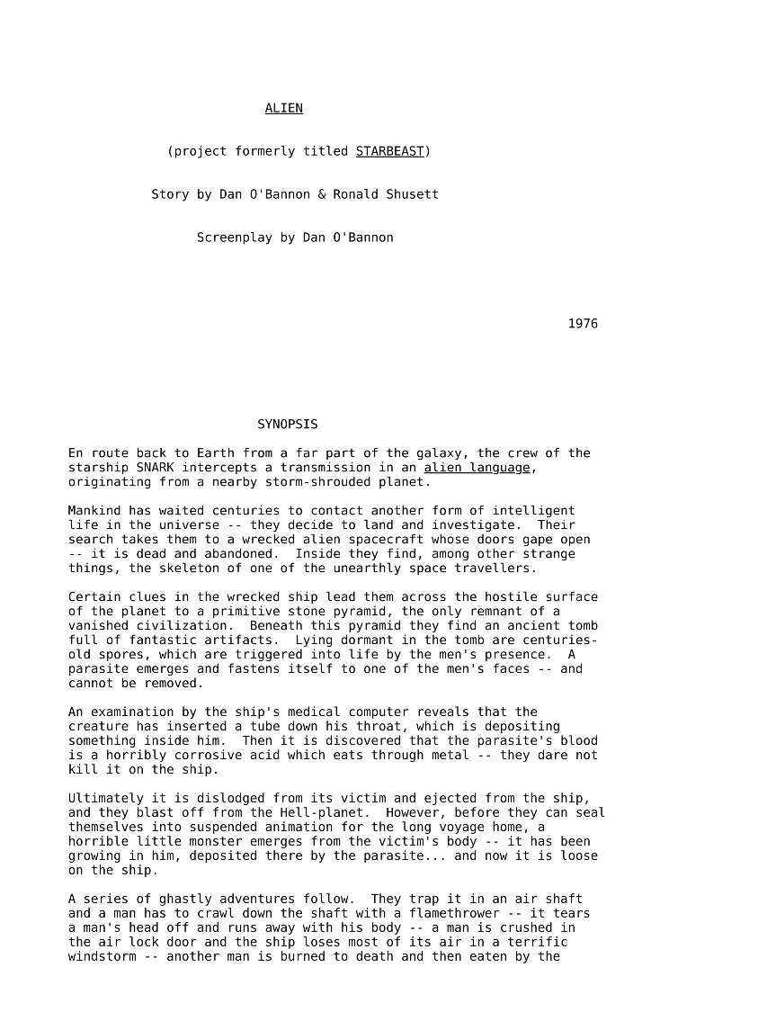 Dan O'Bannon (American,1946-2009) Alien Movie Script 1976 - Mozilla/5.0 ...