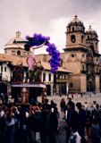 Purple balloon Jesus in Cusco, Peru
