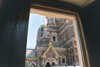 View of Cathedral through window of our restaurant