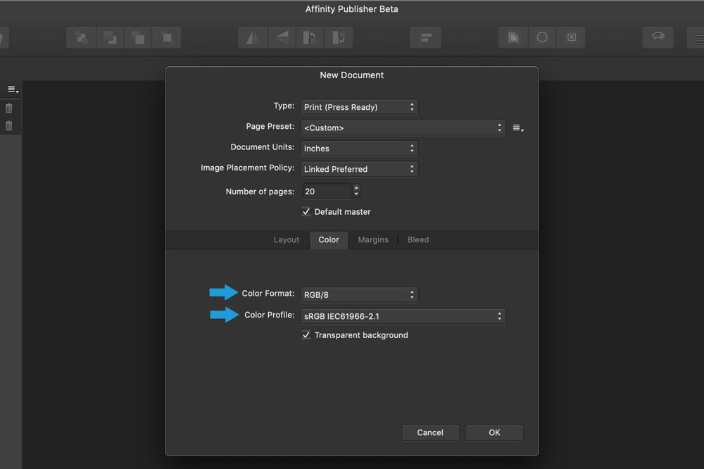 Color settings setup in Affinity Publisher