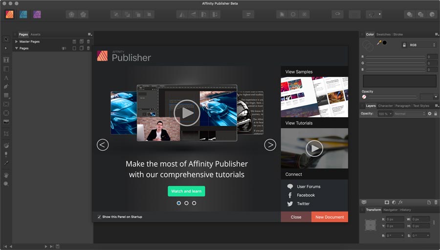 Affinity Publisher Start Screen