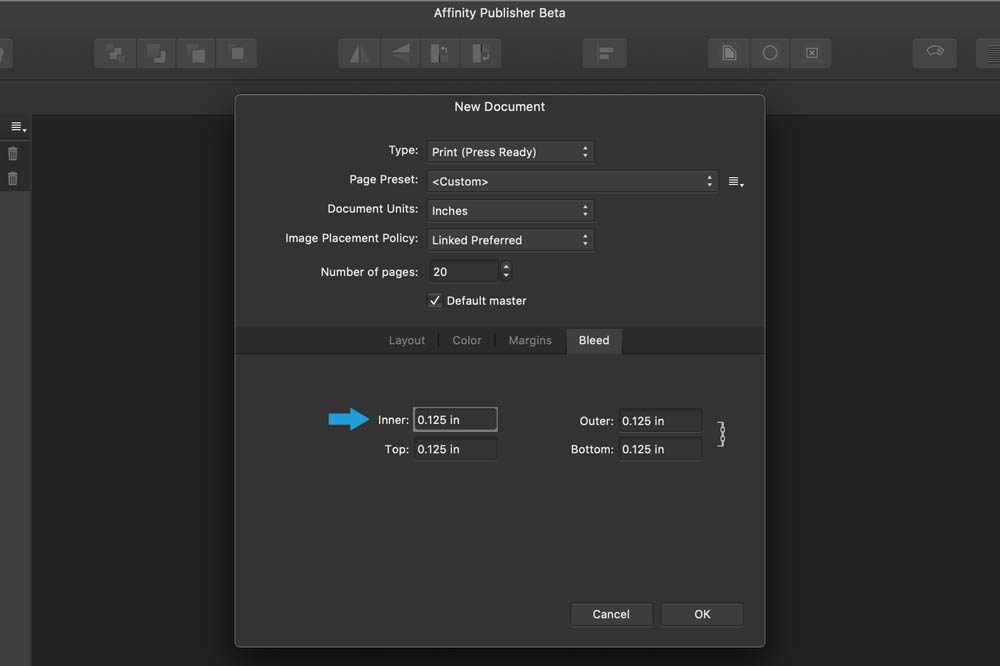 Bleed setup in Affinity Publisher