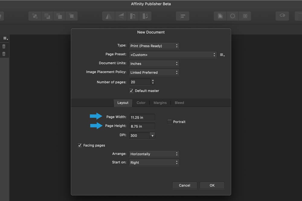 Enter Book Size in Affinity Publisher
