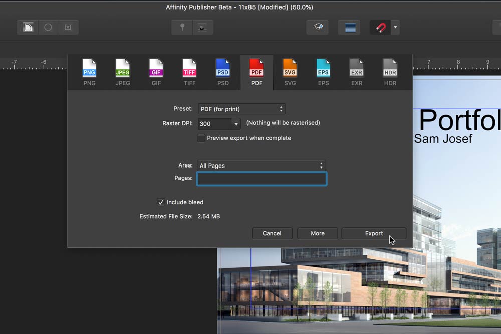PDF Export settings in Affinity Publisher