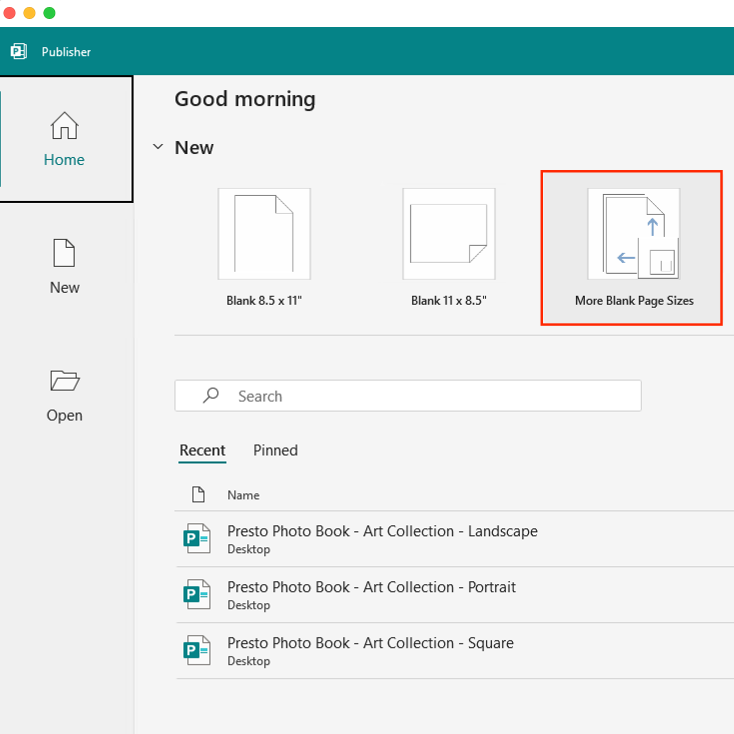 Publisher File Menu