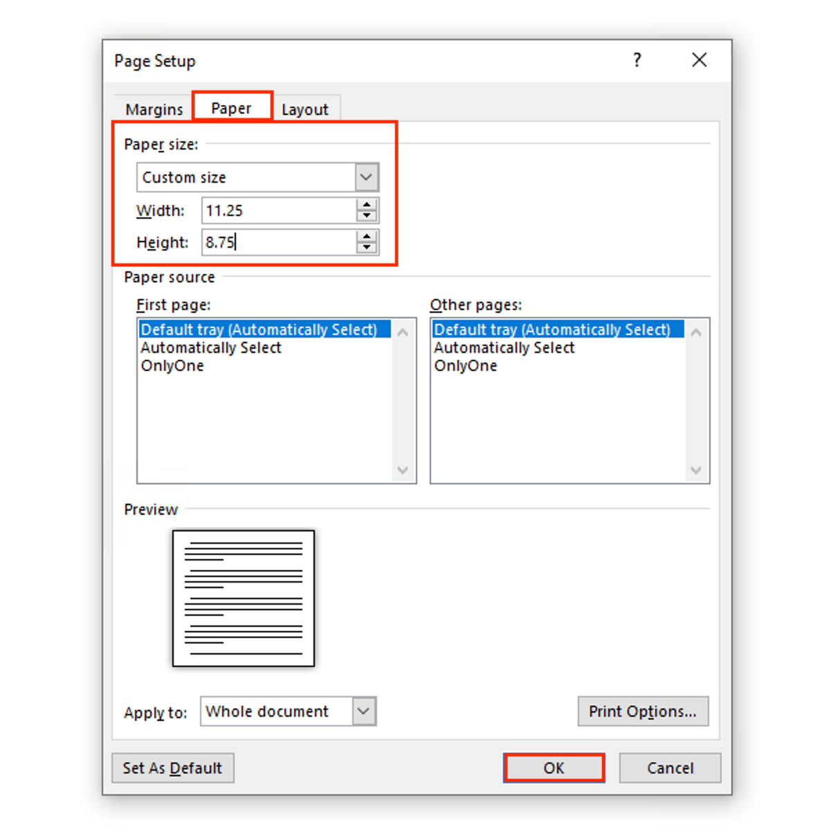 Microsoft Word Custom Page Size