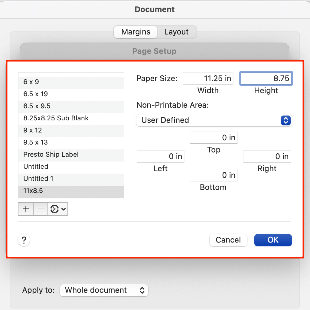 Microsoft Word User Defined Size