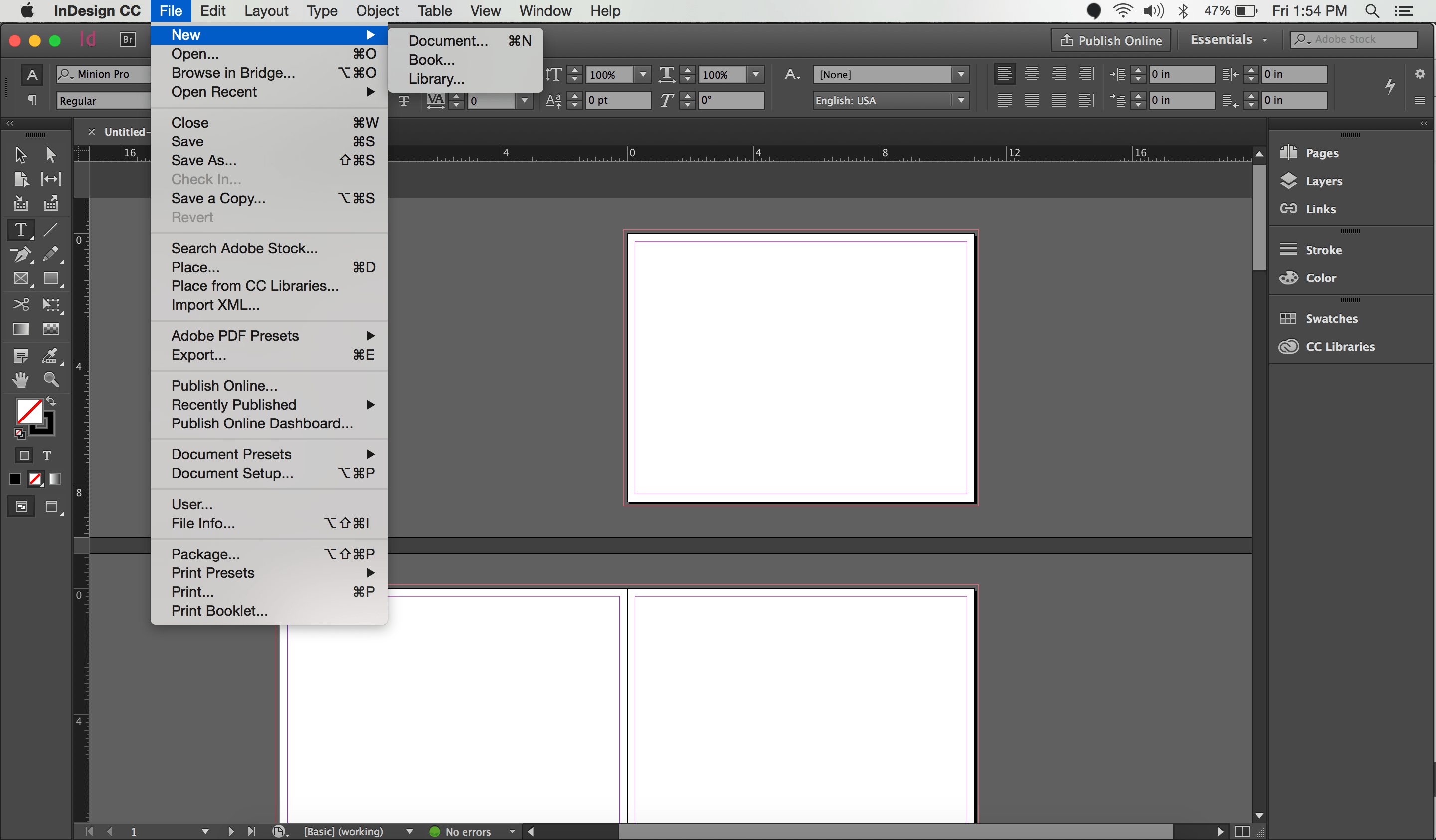 Screenshot of Creating a New Document in Indesign