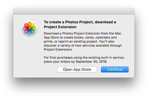 Apple Photos Create New Project Warning